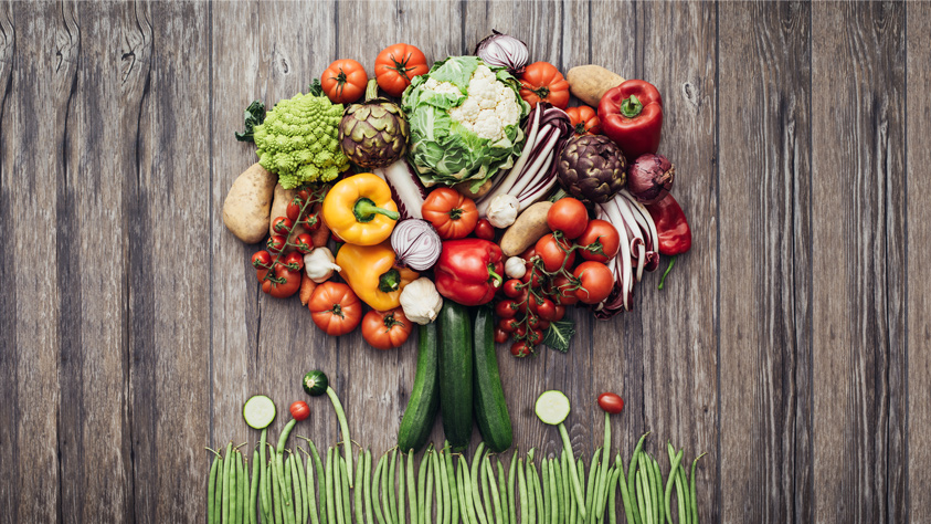 Vegetables and fruit formed as a tree