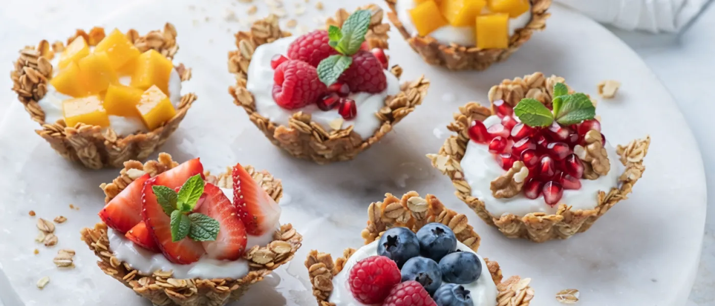 Cestini di granola con yogurt magro e frutta