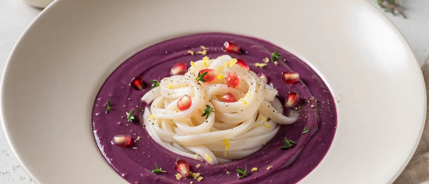 Tagliatelle di calamari al limone su crema di patate viola